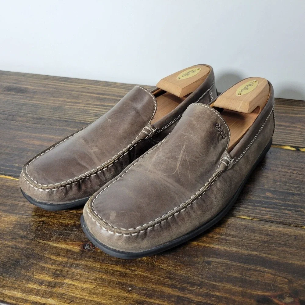 Ecco Men's‎ Driver Loafer Shoes Brown Leather LATEX Slip On Size EU42 / US 8-8.5